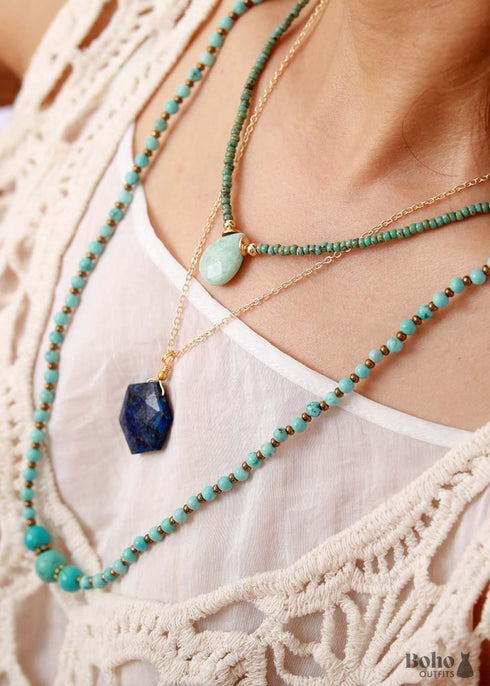 Boho Necklace, Seed Beads, Amazonite and Lapis